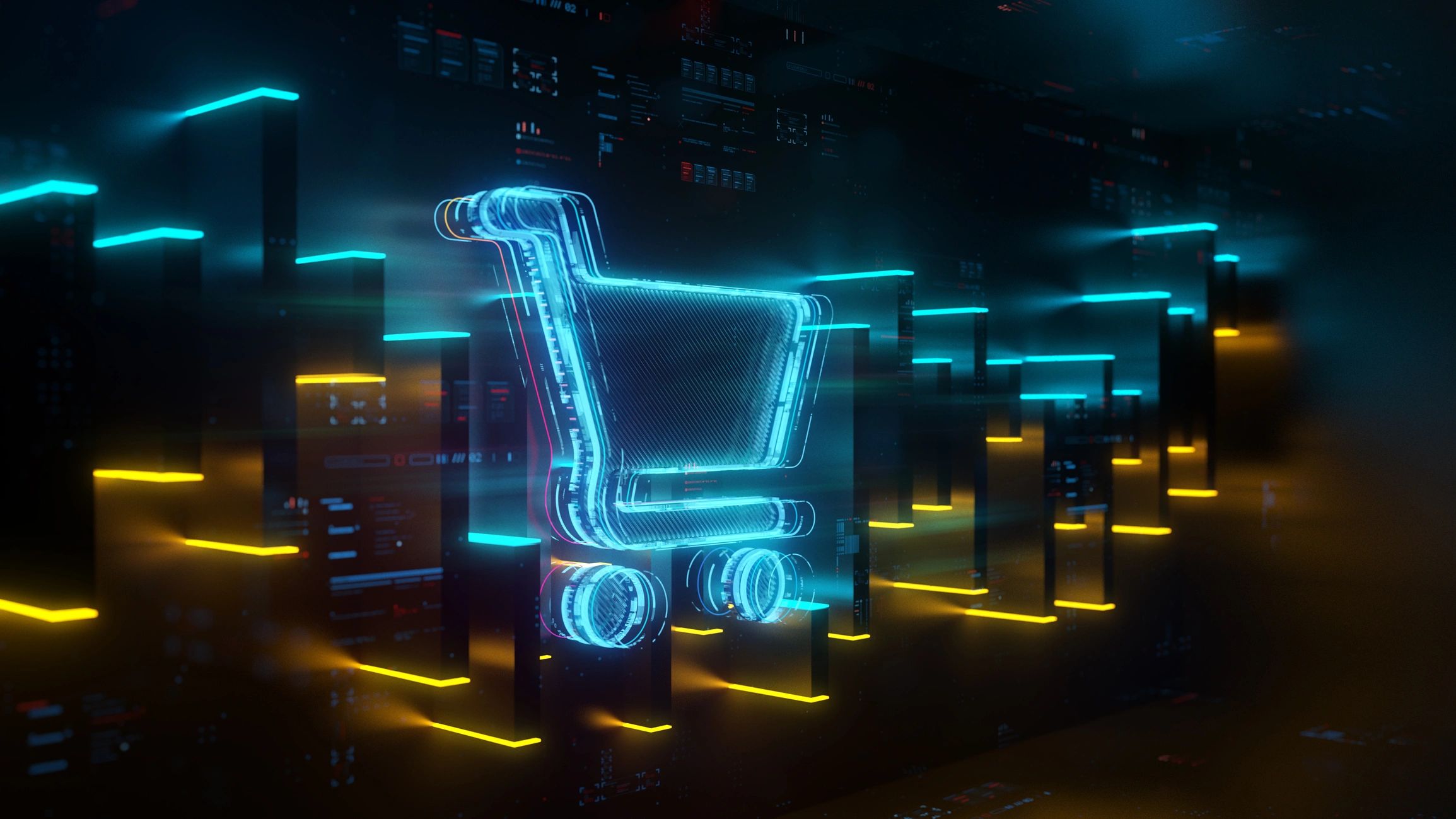 Digital shopping cart graphic representing product catalog and listing management