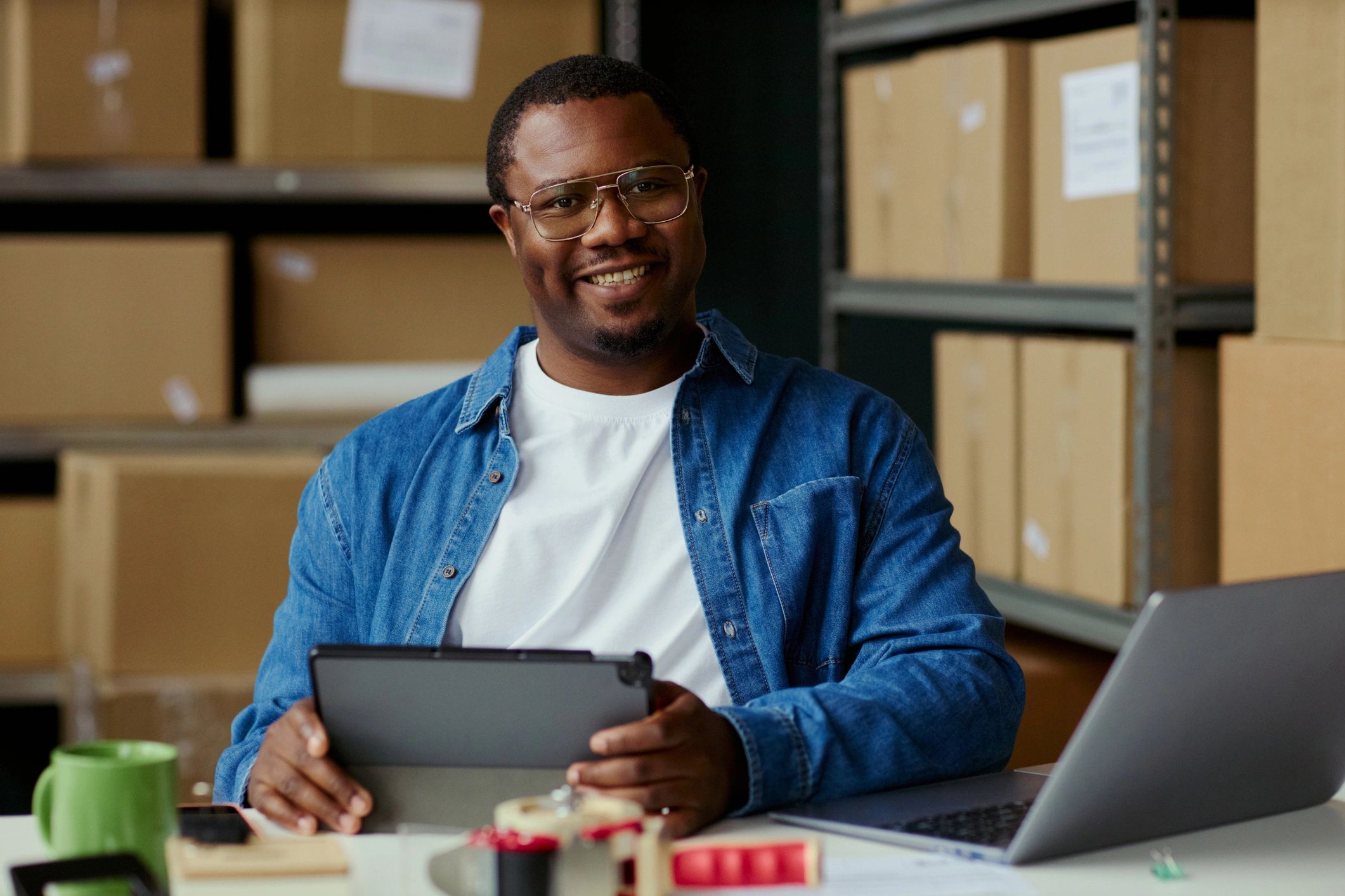 Online seller managing orders and inventory in a warehouse office