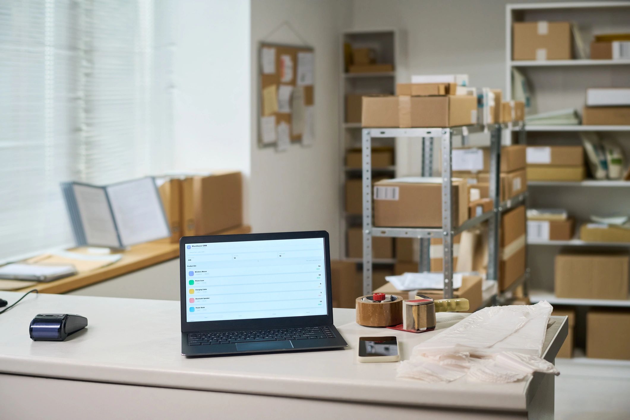 E-commerce fulfillment workspace with packing and shipping tools